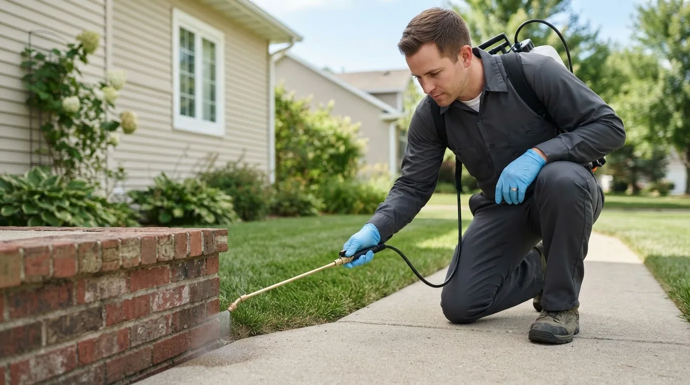Pest control technician treating a home near Hibbing, MN