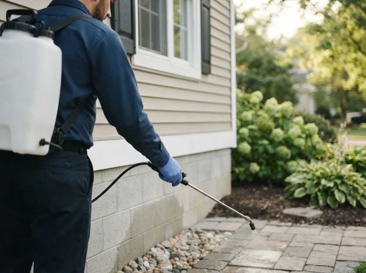 Pest control technician inspecting a home in Hibbing, MN